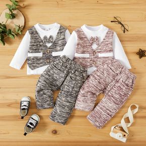 2pcs Baby Heathered Gentleman Bow Tie Long-sleeve Cotton Faux-two T-shirt and Trousers Set