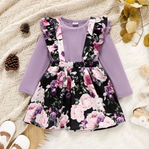 2-piece Toddler Girl Ruffled Long-sleeve Top and Floral Print Suspender Skirt Set