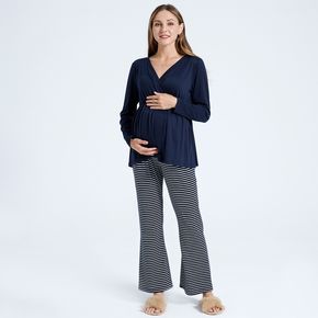 Nursing Stripe Print Dark Blue Long-sleeve Pajamas