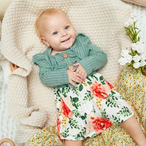 Baby Girl Ribbed Splicing Floral Print Long-sleeve Ruffle Dress