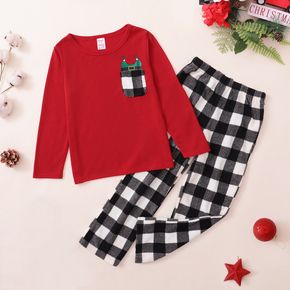 2-piece Kid Girl Christmas Plaid Pocket Design Long-sleeve Tee and Pants Pajamas Lounge Set