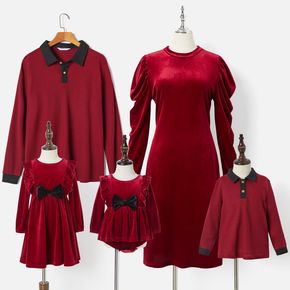 Family Matching Wine Red Long-sleeve Velvet Dresses and Waffle Polo Shirts Sets