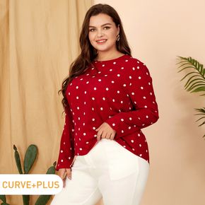 Women Plus Size Elegant Christmas Polka dots High Low Long-sleeve Red Blouse