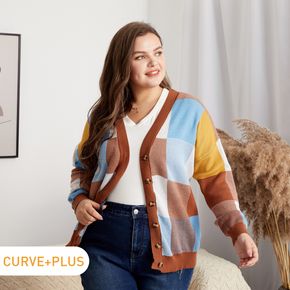 Women Plus Size Elegant Button Design Colorblock Knit Cardigan Jacket