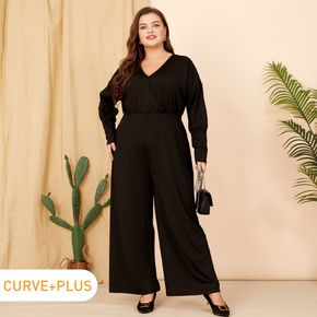 Women Plus Size Casual Surplice Neck Long-sleeve Black Jumpsuit