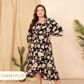 Women Plus Size Vacation Floral Print High Low Ruffle Hem Dress