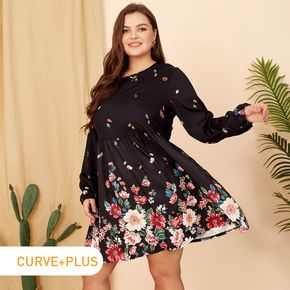 Women Plus Size Elegant Floral Print Round-collar Long-sleeve Dress