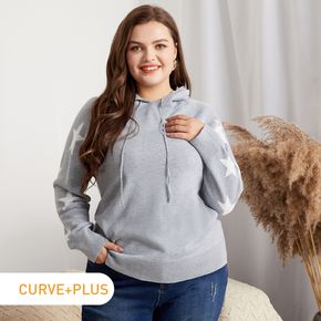 suéter casual feminino plus size com capuz e estampado com cordão
