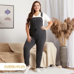 Women Plus Size Sporty Bowknot Design Dark Grey Overalls with Pocket