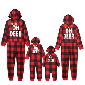 Christmas Reindeer and Letter Print Red Plaid Family Matching Long-sleeve Hooded Onesies Pajamas Sets (Flame Resistant)