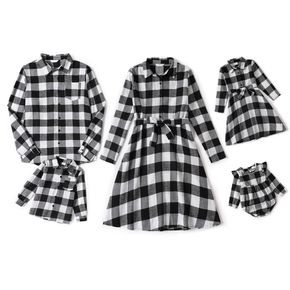 Christmas Black Plaid Family Matching Long-sleeve Lapel Belted Dresses and Shirts Sets