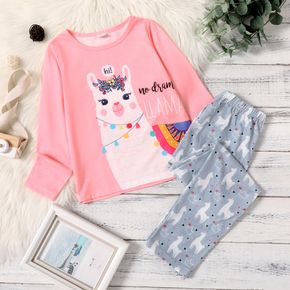 2-piece Kid Girl Floral Animal Letter Print Long-sleeve Tee and Geo Print Pants Pajamas Lounge Set