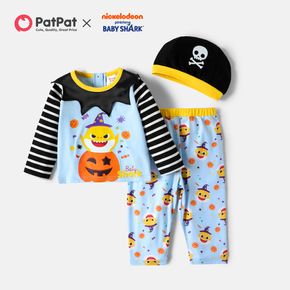 Baby Shark 3-teiliges Halloween-Baumwoll-Kürbis-T-Shirt und Allover-Hose für Jungen mit Hut