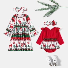 Christmas All Over Print Red Ruffle Long-sleeve Dress for Sister and Me