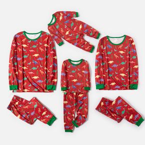 Christmas All Over Dinosaur Print Red Family Matching Long-sleeve Pajamas Sets (Flame Resistant)