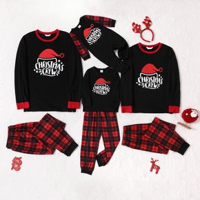 Christmas Hat and Letter Print Black Family Matching Long-sleeve Plaid Pajamas Sets (Flame Resistant)