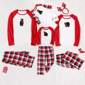 Christmas Bear Print Family Matching Red Raglan Long-sleeve Plaid Pajamas Sets (Flame Resistant)