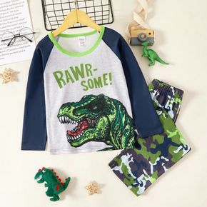2-piece Kid Boy Letter Dinosaur Print Long-sleeve Tee and Camouflage Pants Pajamas Lounge Set (Flame retardant fabric)