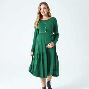 Maternity Half Button Long-sleeve Dark Green Belted Tiered Dress