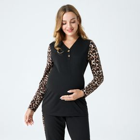 Maternity Leopard Splice Button Detail V-neck Long-sleeve Pullover