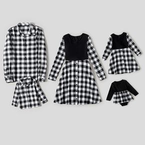 Family Matching Long-sleeve Splicing Black Plaid Dresses and Shirts Sets