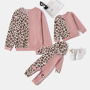 Pink Splicing Leopard Long-sleeve Sweatshirts for Mom and Me