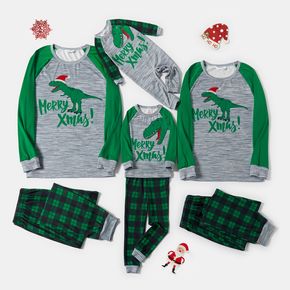 Christmas Dinosaur and Letter Print Snug Fit Family Matching Raglan Long-sleeve Green Plaid Pajamas Sets