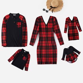 Christmas Red Plaid Family Matching V Neck Long-sleeve Dresses and Splicing Lapel T-shirts Sets