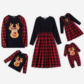 Christmas Cartoon Reindeer Print Red Plaid Family Matching Long-sleeve Dresses and T-shirts Sets