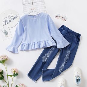 2-piece Kid Girl Striped Bell sleeves Ruffle Hem Blouse and Ribbed Denim Jeans Set