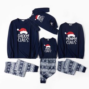 Weihnachtsmütze und Buchstabendruck blau Familie passende Langarm-Pyjamas-Sets (schwer entflammbar)