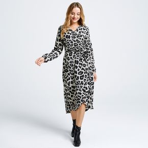 Leopard Print Front Belted V Neck Long-sleeve Maternity Top