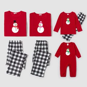 Christmas Snowman Print Red Family Matching Long-sleeve Plaid Pajamas Sets (Flame Resistant)