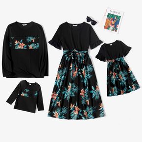Family Matching Plant Print Splicing Black Ruffle Half-sleeve Dresses and Long-sleeve T-shirts Sets