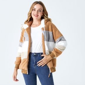 Colorblock Long-sleeve Zip Up Drawstring Hooded Fleece Coat