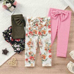 Baby Girl Solid/Floral Print Ribbed Bowknot Leggings