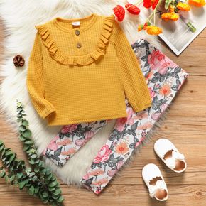 2-piece Toddler Girl Ruffled Button Design Long-sleeve Waffle Top and Floral Print Pants Set