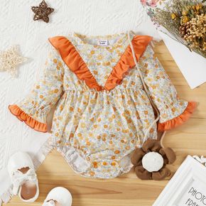 Baby Girl All Over Floral Print Bell Sleeve Splicing Ruffle Romper