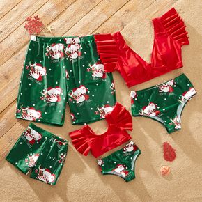 Christmas All Over Santa Print Family Matching Ruffle-sleeve Crop Tops and Shorts Swimsuits