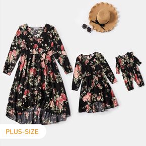 All Over Floral Print Black V Neck Long-sleeve Dress for Mom and Me