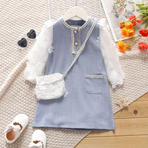 Toddler Girl Floral Embroidered Button Design Denim Tweed Long-sleeve Dress (Bag is included)