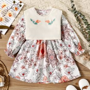 2-piece Toddler Girl Floral Print Long-sleeve Dress and Embroidered Lace Collar Vest Set