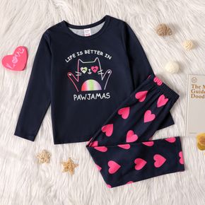 2-piece Kid Girl Letter Cat Print Long-sleeve Tee and Heart Print Pants Pajamas Lounge Set