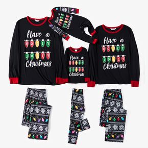 Conjuntos de pijamas de manga comprida combinando com luzes de cordas de natal e estampa de letras em preto familiar