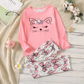 2-piece Kid Girl Animal Cat Print Long-sleeve Pink Top and Bowknot Print Pants Pajamas Lounge Set
