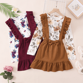 2-piece Kid Girl Floral Print Long-sleeve Tee and Bowknot Ruffled Corduroy Suspender Skirt Set
