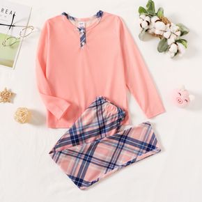 2-piece Kid Girl Button Design Long-sleeve Pink Tee and Plaid Pants Pajamas Lounge Set