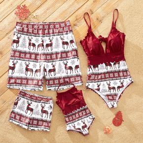 Christmas Reindeer and Tree Print Red Family Matching Swimsuits Sets