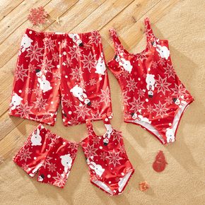 Christmas All Over Snowman and Snowflake Print Red Family Matching Swimsuits