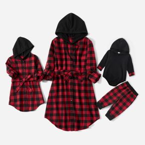 Christmas Red Plaid Long-sleeve Belted Hoodie Dress for Mom and Me